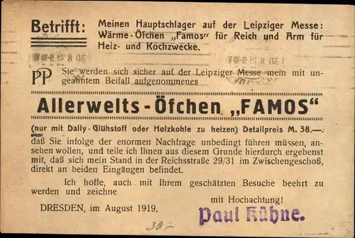 Ak Dresden Altstadt, Allerwelts-Öfchen Famos, Werbung, Paul Kühne, Böhnischplatz 19