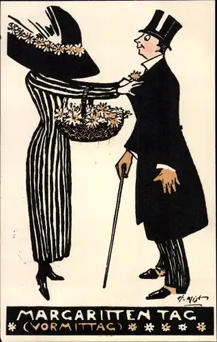 Künstler Ak Margaritten-Tag, Vormittag, Frau verschenkt Blumen, Nobler Mann