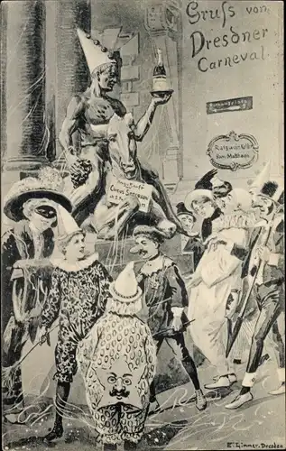 Künstler Ak Limmer, E., Dresdner Karneval, Feiernde Menschen in Karnevalkostümen, Denkmal