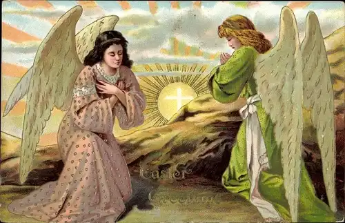 Litho Easter Greetings, Glückwunsch Ostern, betende Engel