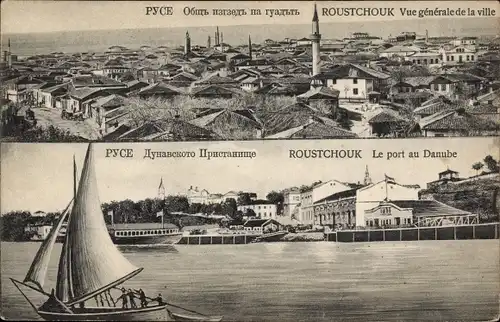 Ak Rustschuk Russe Bulgarien, Gesamtansicht, Donauhafen, Segelboot