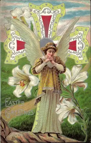 Präge Ak Glückwunsch Ostern, Easter Greetings, Betender Engel, Kreuz, Lilien