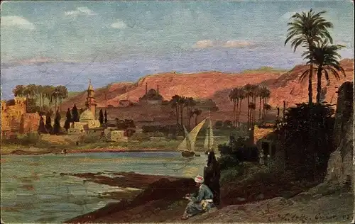 Künstler Ak Gizeh Ägypten, Ein Abend in Gizeh, Mann am Ufer