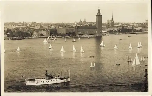 Ak Stockholm Schweden, Panorama mit Rathaus