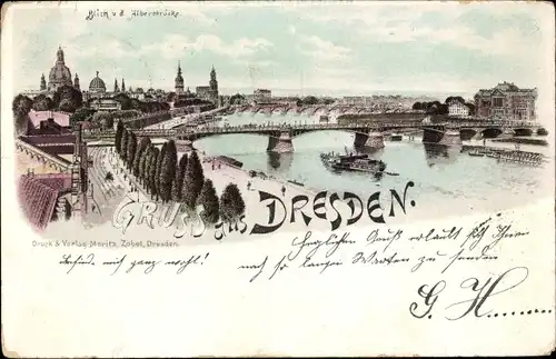 Litho Dresden Altstadt, Panorama von der Albertbrücke aus