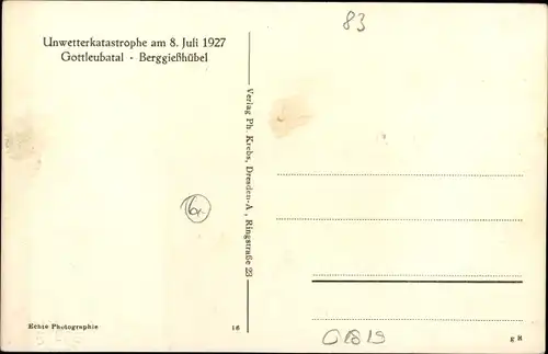 Ak Berggießhübel in Sachsen, Unwetterkatastrophe, 8. Juli. 1927, zerstörte Häuser, Tischlerei