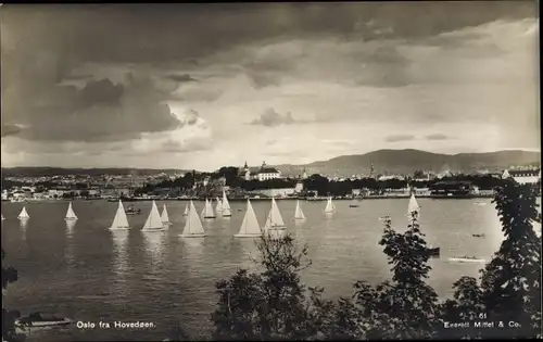 Ak Oslo Norwegen, Hovedøen, Segelboote auf dem Wasser, Ort