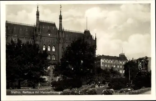 Ak Szczecin Stettin Pommern, Rathaus mit Manzelbrunnen