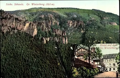 Ak Bad Schandau an der Elbe, Hotel auf dem Grossen Winterberg, Felsen, Wald