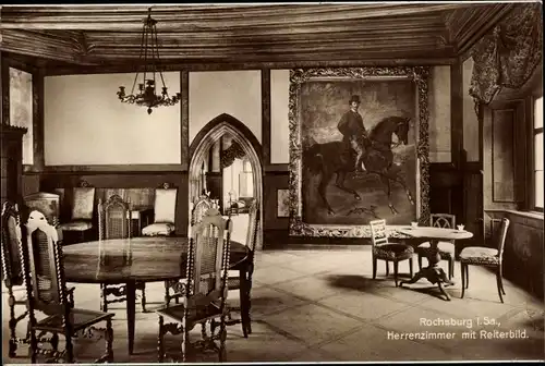 Ak Rochsburg Lunzenau Sachsen, Innenansicht d. Burg, Herrenzimmer mit Reiterbild