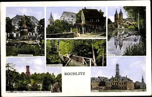 Ak Rochlitz an der Mulde, Mordgrundbrücke, Schloss, Rathaus, Kriegerdenkmal, Fr.-August-Denkmal