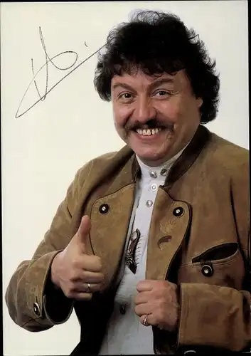 Ak Sänger Achim Mentzel, eingekleidet von Solo, Die Tracht aus Leder, Portrait, Autogramm