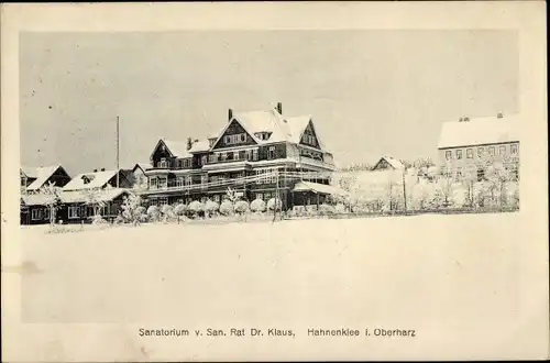 Ak Hahnenklee Bockswiese Goslar im Harz, Sanatorium v. San. Rat Dr. Klaus, Winter