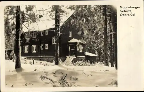 Ak Oderbrück Braunlage im Oberharz, Magdeburger Skihütte im Winter