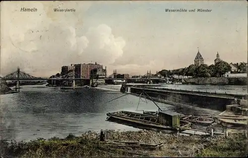 Ak Hameln an der Weser Niedersachsen, Weserpartie, Wesermühle, Münster