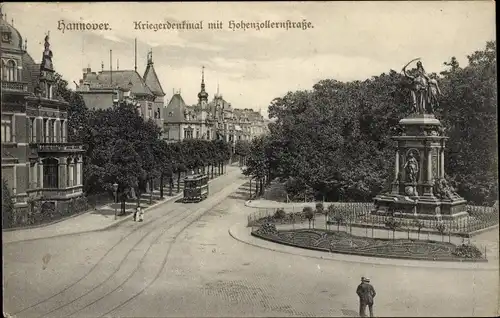 Ak Hannover in Niedersachsen, Kriegerdenkmal und Hohenzollernstraße, Straßenbahn