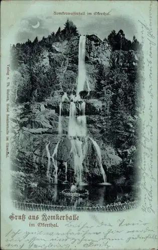 Mondschein Ak Oker Goslar am Harz, Romkerhalle, Romkerwasserfall, Nacht