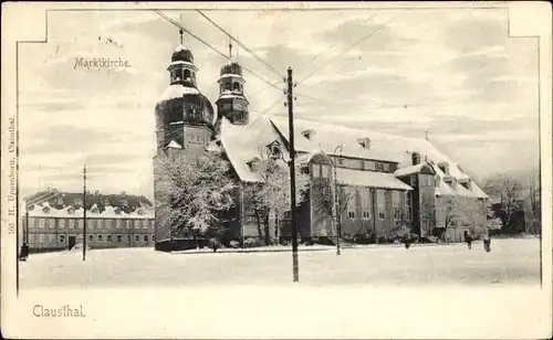 Ak Clausthal Zellerfeld, Straßenpartie mit Marktkirche im Winter