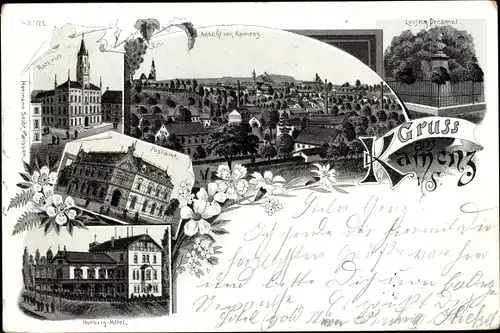 Litho Kamenz Sachsen, Lessing Denkmal, Rathaus, Postamt, Hutberg Hotel, Totalansicht