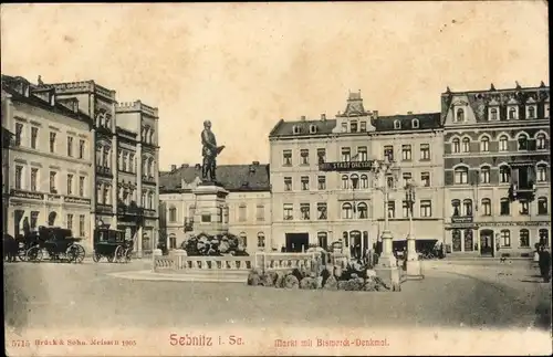 Ak Sebnitz Sächsische Schweiz, Markt mit Bismarck Denkmal, Hotel Stadt Dresden