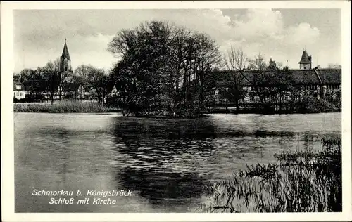 Ak Schmorkau Neukirch Sachsen, Schloss mit Kirche vom Wasser gesehen