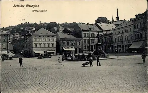 Ak Sebnitz Sachsen, Marktplatz, Grenadierburg, Gustav Baruch Modewaren