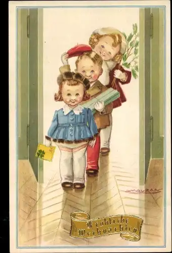Künstler Ak Mauzan, Glückwunsch Weihnachten, Kinder mit Geschenken