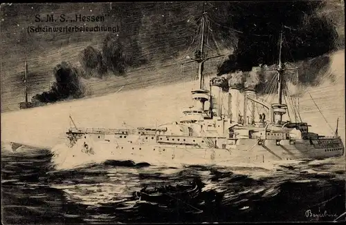Künstler Ak Deutsches Kriegsschiff, SMS Hessen, Scheinwerferbeleuchtung, Kaiserliche Marine