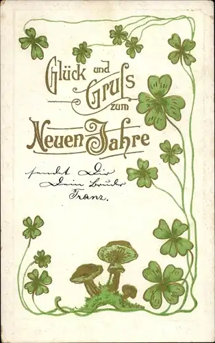 Jugendstil Ak Glückwunsch Neujahr, Kleeblätter, Pilze