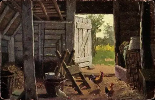 Künstler Ak Gerstenhauer, Johann Georg, niederländisches Motiv, Stall, Hühner