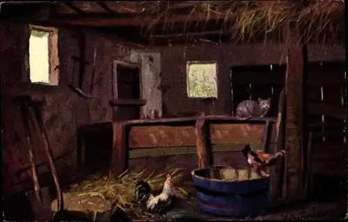 Künstler Ak Gerstenhauer, Johann Georg, niederländisches Motiv, Stall, Hühner, Katze