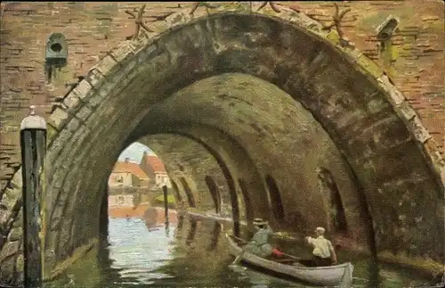 Künstler Ak Gerstenhauer, Johann Georg, niederländisches Motiv, Boot auf Kanal, Tunnel