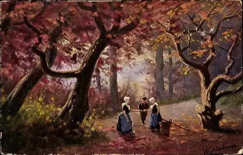 Künstler Ak Gerstenhauer, Johann Georg, niederländisches Motiv, Kinder in Tracht, Wald, Herbst