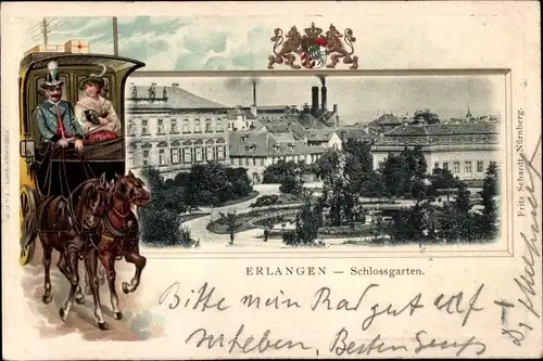 Präge Wappen Passepartout Ak Erlangen in Mittelfranken Bayern, Schlossgarten, Kutsche