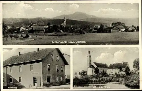 Ak Arnschwang im Bayerischen Wald Oberpfalz, Gesamtansicht, Handlung Geschw. Eiber, Kirche