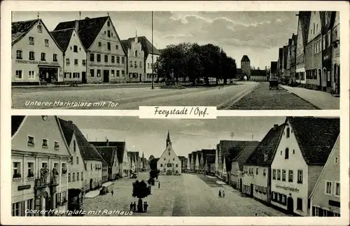 Ak Freystadt in der Oberpfalz Bayern, Unterer Marktplatz mit Tor, Oberer Marktplatz mit Rathaus