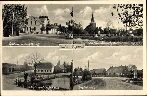 Ak Tüchen Groß Pankow Prignitz, Gasthaus Nagorsny, Schule, Dorfstraße, Denkmalsplatz