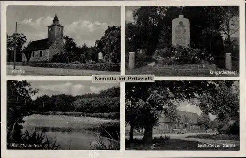 Ak Kemnitz Pritzwalk in der Prignitz, Kirche, Kriegerdenkmal, Mühlenteich, Gasthaus zur Sonne