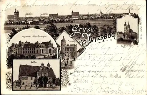 Litho Jüterbog in Brandenburg, Kaserne, Dammtor, Rathaus, Kirche
