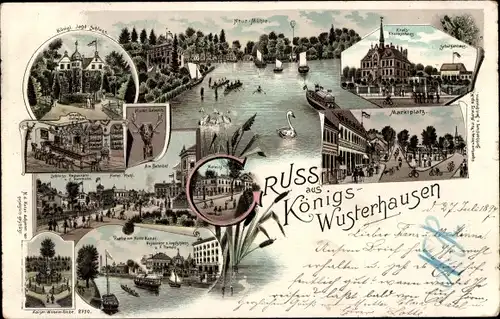 Litho Königs Wusterhausen in Brandenburg, Neue Mühle, Kreiskrankenhaus, Schützenhaus, Marktplatz