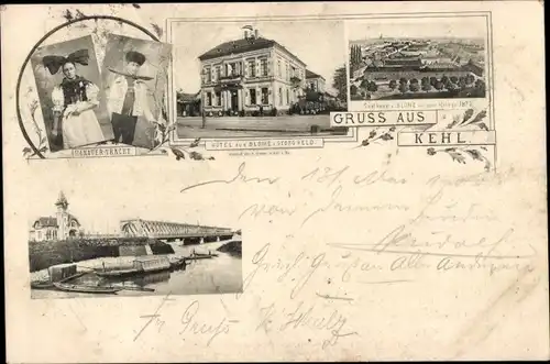 Ak Kehl am Rhein, Hanauer Tracht, Hotel zur Blume, Brücke