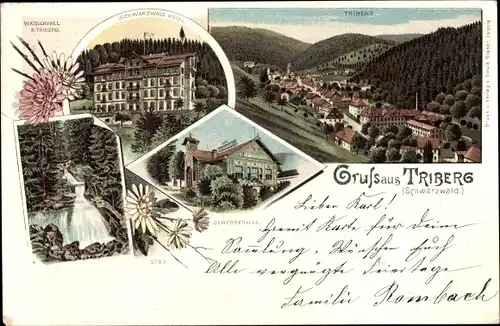 Litho Triberg im Schwarzwald, Schwarzwald Hotel, Gewerbehalle, Wasserfall, Totalansicht