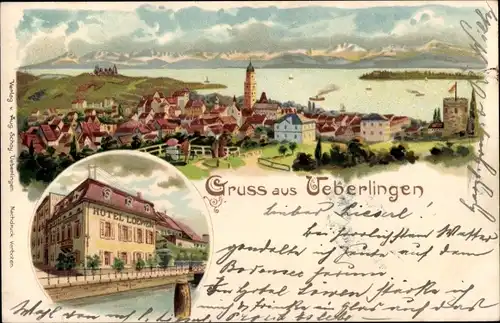 Litho Überlingen im Bodenseekreis Baden Württemberg, Panoramaansicht, Hotel Loewen