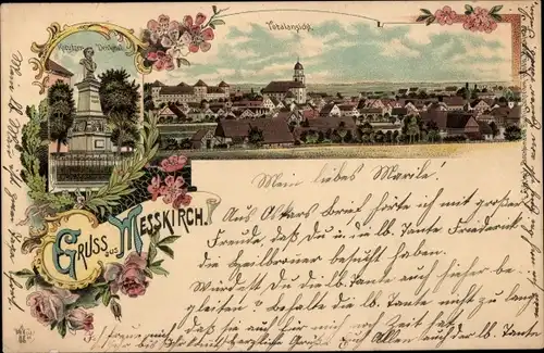 Litho Messkirch in der Schwäbischen Alb, Gesamtansicht, Kreutzer-Denkmal