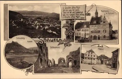 Ak Staufen im Breisgau Hochschwarzwald, Schlossberg, Bahnhof, Schlossruine, Marktplatz, Rathaus