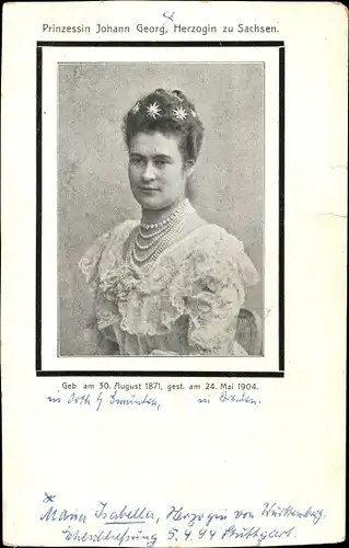 Ak Prinzessin Johann Georg, Herzogin zu Sachsen, Maria Isabella von Württemberg, Trauerkarte 1904