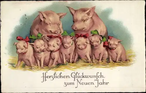 Ak Glückwunsch Neujahr, Schweine mit Ferkeln, rote und grüne Schleifen