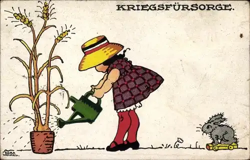 Künstler Ak Heckel, Dora, Kriegsführsorge, Mädchen gießt Getreidepflanzen