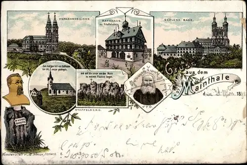 Litho Bad Staffelstein am Main Oberfranken, Schloss Banz, Maintal, Vierzehnheiligen, Ivo, Kirche