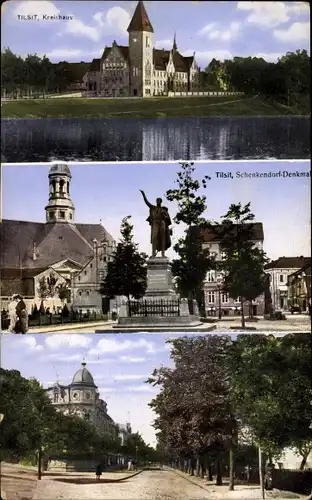 Ak Sowjetsk Tilsit Ostpreußen, Schenkendorf-Denkmal, Kreishaus